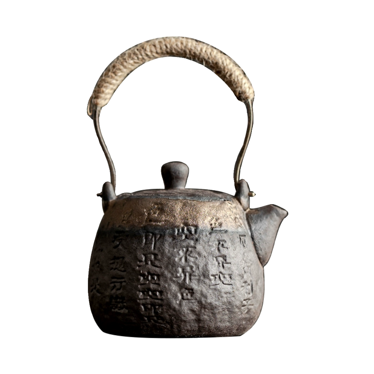 Coarse pottery teapot with gilded handle